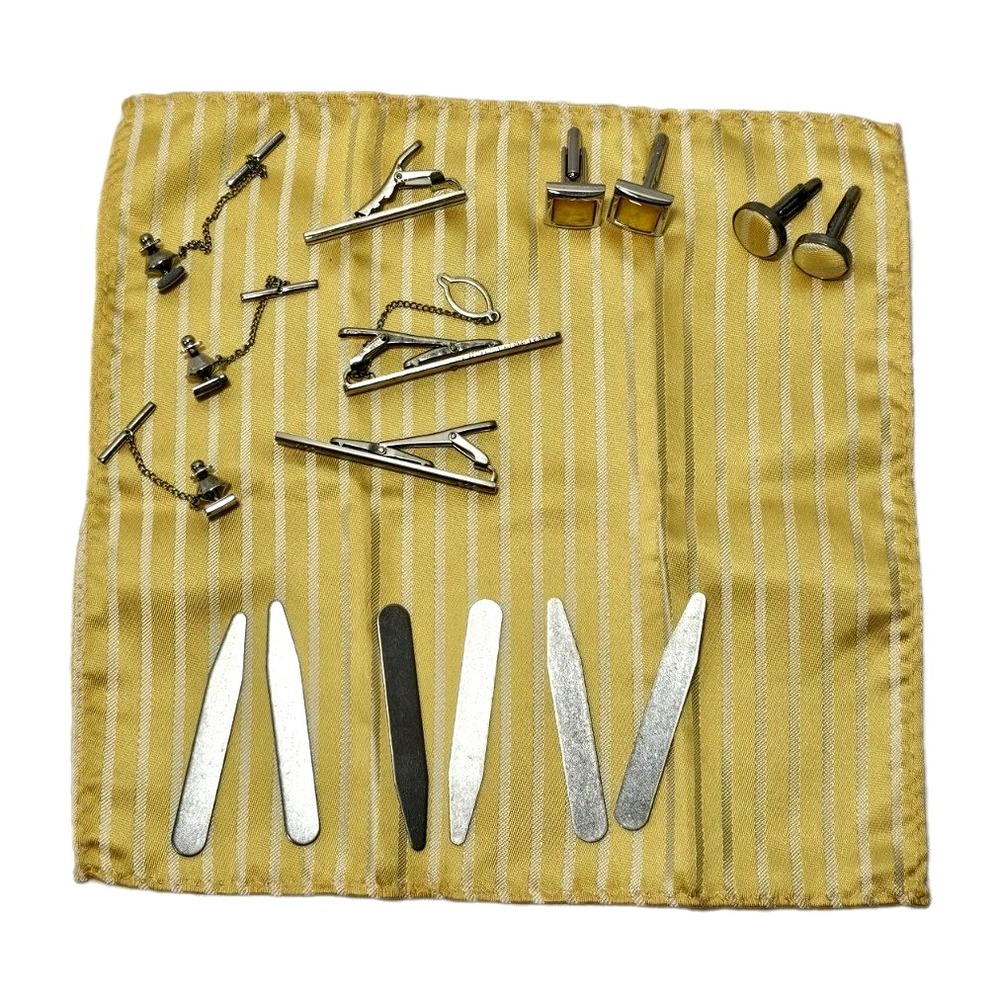 3 Cuff Links 6Tie Bar Clip Dress Shirt Accessories Lot Silver Yellow Stone inlay